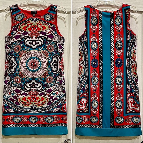 NICOLE MILLER SLEEVELESS STRETCHY DRESS.
LIKE NEW! COLORFUL FLORAL MANDALA PRINT - Picture 3 of 10